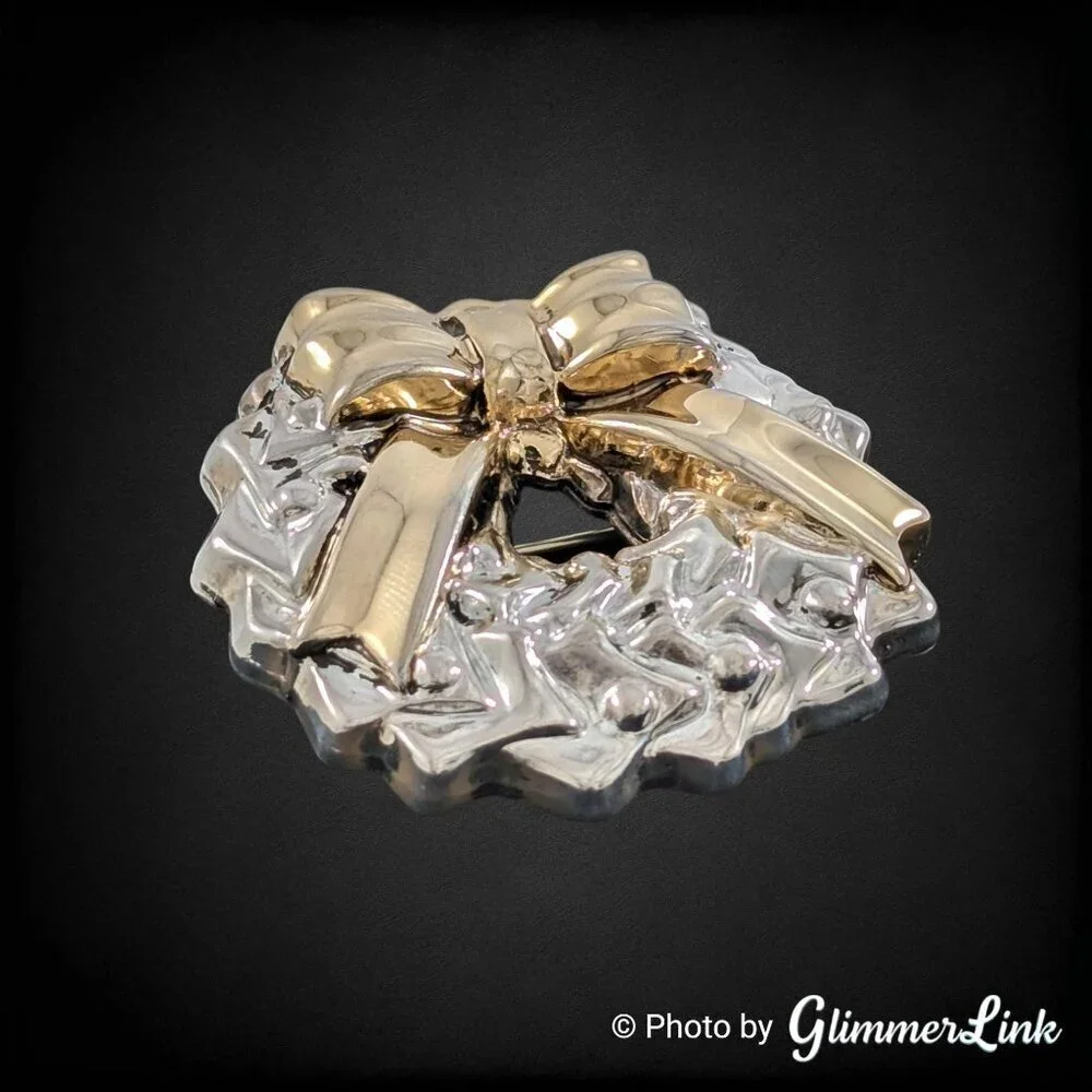 Vintage Silver Plated Wreath Bow Brooch Pendant Gold Tone Holiday Christmas